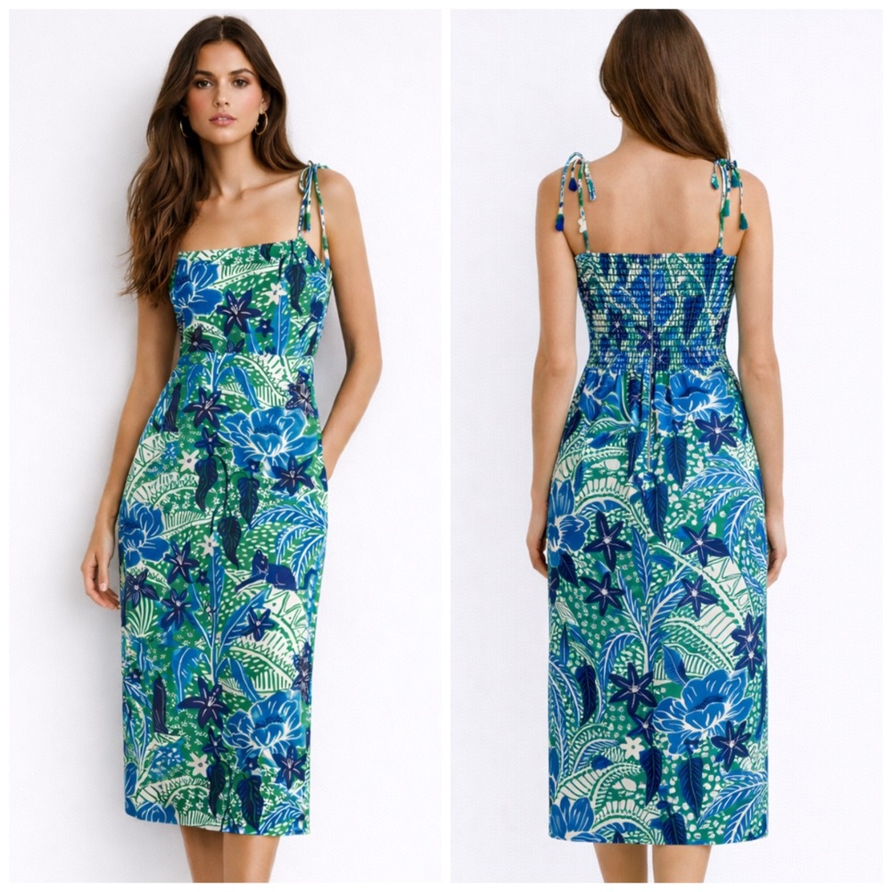Rachel Zoe Capri Botanical Linen Blend Midi Dress in Blue and Green